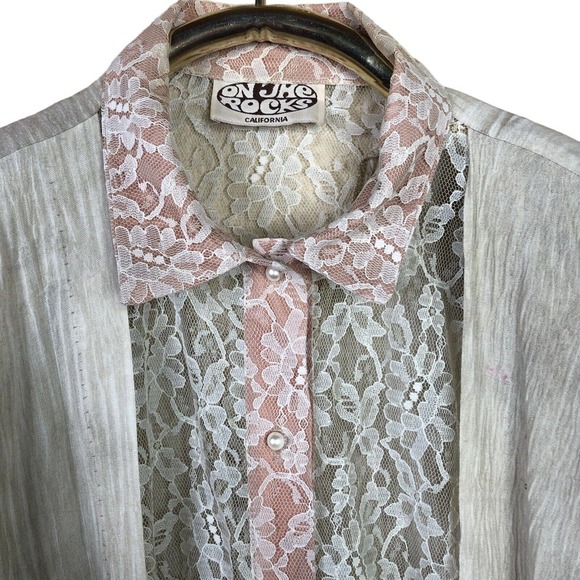 Vintage 80s On The Rocks Jumpsuit Lace Crinkle Wrinkle Tie Front - Picture 8 of 16